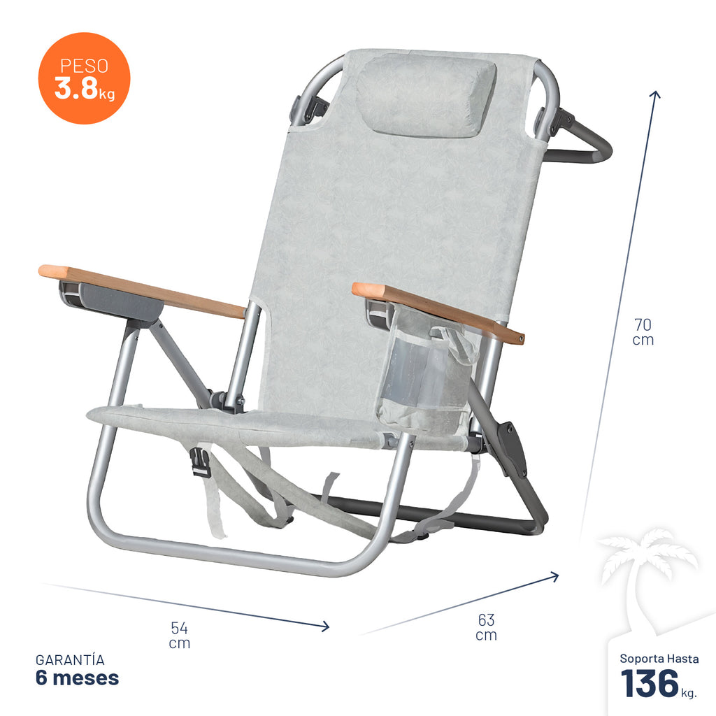 Silla De Playa Aluminio Madera Y Tela Resistente Gris Miglu